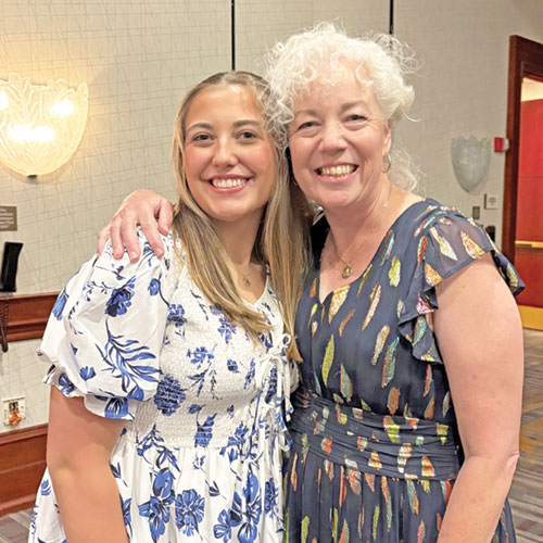 Madilyn Wethington, a senior at Roncalli High School in Indianapolis, poses with Caren LeMark, her theology teacher and teacher moderator of the school&rsquo;s Royals 4 Life Club, during the Right to Life of Indianapolis fundraiser banquet at the Marriott Hotel in Indianapolis on Sept. 25. Wethington is the winner of this year&rsquo;s archdiocesan Our Lady of Guadalupe Pro-Life Youth Award. (Submitted photo)