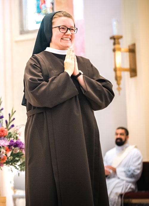 Sister Mary Amata Naville radiates joy after professing final vows as a member of the Sisters of St. Francis of Perpetual Adoration on Aug. 2 in the chapel at the order&rsquo;s motherhouse in Mishawaka, Ind., in the Fort Wayne-South Bend Diocese. (Photo courtesy of Sisters of St. Francis of Perpetual Adoration)