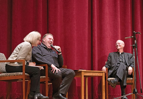 During a Nov. 5 session of  a conference titled &ldquo;Deepening Communion in a Polarized World&rdquo; at Saint Meinrad Seminary and School of Theology in St. Meinrad, Cardinal Joseph W. Tobin, center, archbishop of Newark, N.J. and former archbishop of Indianapolis, is joined in laughter by conference facilitator Dr. Amy Uleman, left, and Seattle Archbishop Paul D. Etienne, right, formerly a priest of the Archdiocese of Indianapolis. (Photo courtesy of Saint Meinrad Archabbey)