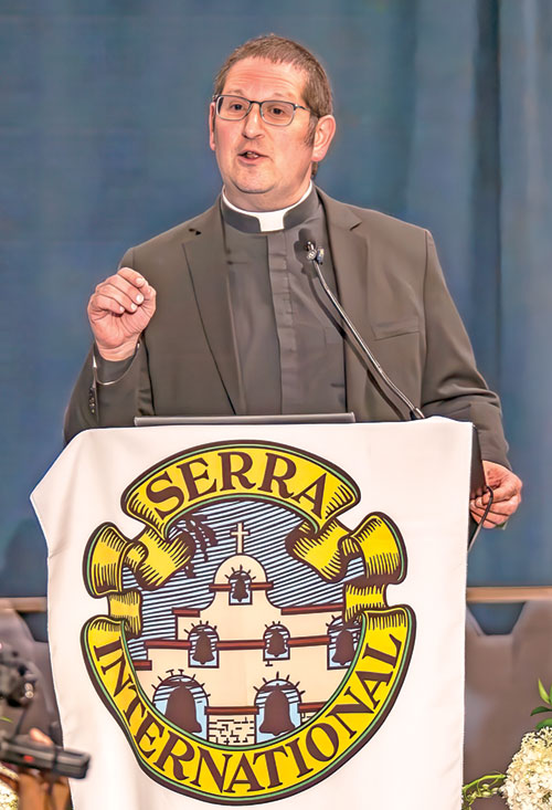 Father Eric Augenstein discusses Church trends as part of a presentation titled &ldquo;Promoting Vocations in Our Current Cultural Environment&rdquo; during the Serra International Convention in Indianapolis on July 11. (Submitted photo by Wayne Mikols)