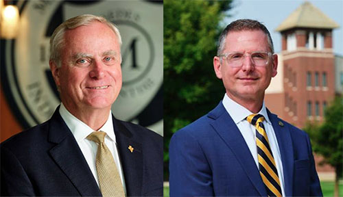 Marian University President Dan Elsener, left, will step down from the role at the end of June 2027. Kenith Britt, right, will become the university's next president.