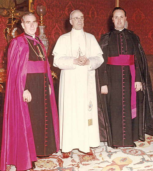 Blessed Fulton J. Sheen, left, poses with Pope Pius XII and then-Msgr. Edward O&rsquo;Meara for a photo likely taken in 1957 at the Vatican. Msgr. O&rsquo;Meara later served as archbishop of Indianapolis from 1979 until his death in 1991. (Photo courtesy of the Archives of the Archdiocese of Indianapolis)