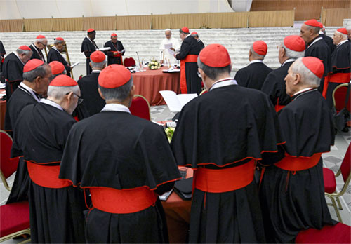 Pope Leo speaks June 26, 2026, at the opening of an extraordinary consistory of cardinals in the Paul VI Hall at the Vatican June 26-27. (OSV News photo/Simone Risoluti, Vatican Media)
